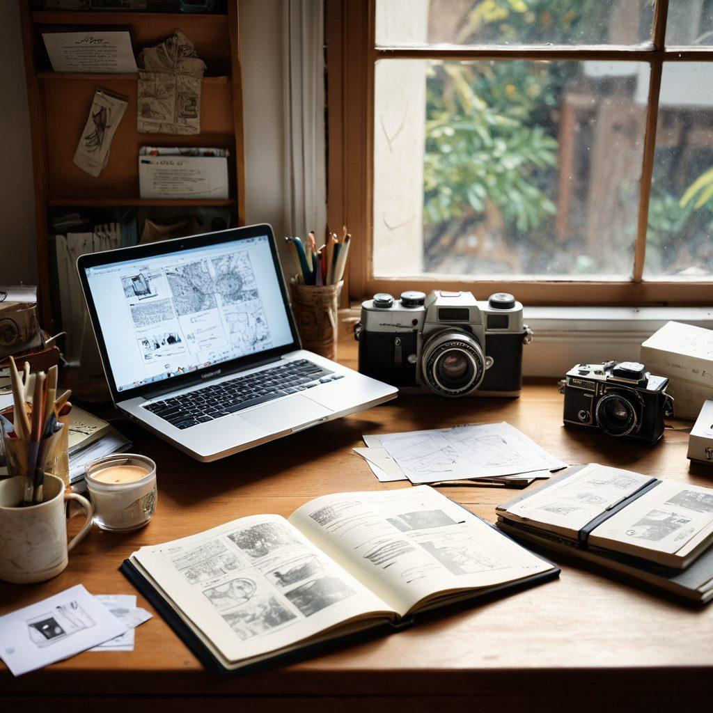 A beautifully arranged workspace featuring a vintage camera, an open notebook filled with sketches and notes, and a laptop displaying a vibrant blog interface. Soft natural light filters in through a nearby window, casting gentle shadows. Elements of storytelling like a small globe, maps, and postcards are artfully scattered around. The atmosphere conveys creativity and inspiration. super-realistic. warm tones. inviting ambiance.