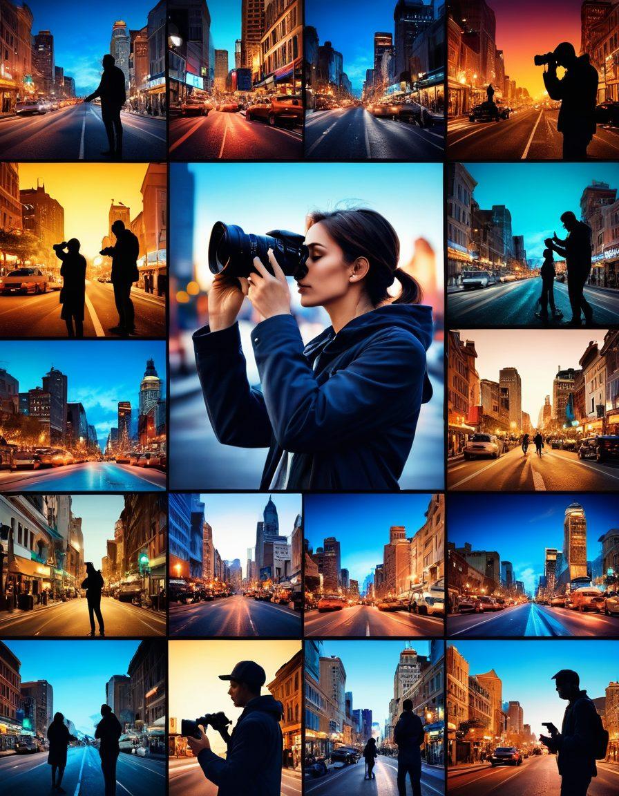 A captivating collage showcasing a photographer in action, capturing vibrant landscapes, dynamic city life, and intimate portraits, with a camera lens reflecting the stories within each frame. Incorporate elements of light and shadow to highlight emotion and creativity in photography. The background features a blend of iconic photography scenes with an artistic twist. super-realistic. vibrant colors. 3D.